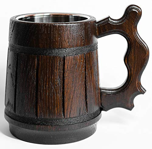 Etno Motif Handmade Beer Mug, Wood Tankard Beer Stein 20 oz. Oak Mug With Stainless Steel Inside | Vintage Bar Accessories Wooden Beer Mug with Metal Insert - The Perfect Gift Idea!