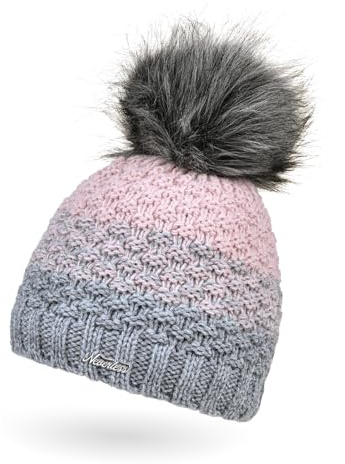 Neverless® Damen Strick-Mütze gefüttert Fleece-Innenfutter Fell-Bommel Kunstfell Winter-Mütze Bommelmütze Grobstrick Mehrfarbig Grau-rosa