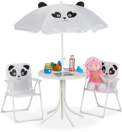 Relaxdays Blanc Ensemble Camping, Chaise Enfants avec Abat-Jour, Pliable et Table, Panda
