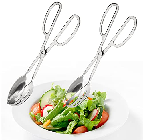 Jucoan 2-Pack Stainless Steel Salad Tongs, 25 cm Scissor-Style Buffet Serving Tong for Buffet Party, BBQ Grill & Kitchen, Salad, Cake, Bread Utensil Set (Silver)
