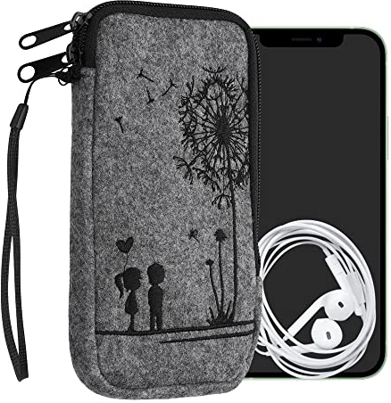 kwmobile Handytasche für Smartphones XL - 6,7/6,8 - Handy Filztasche - Pusteblume Love Schwarz Hellgrau - 17,2 x 8,4 cm Innenmaße