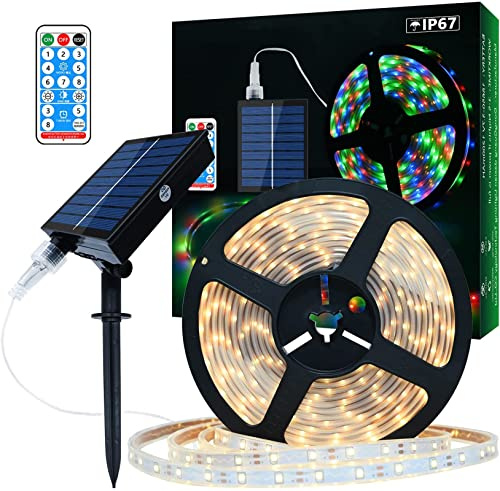Lumtang Solar LED Streifen Außen, 10m 560 LEDs Dimmbare Lichtleisten mit Fernbedienung, Warmweißes LED Lichter für Gartenbäume Zuhause Weihnachten Urlaub Terrasse Partydekoration