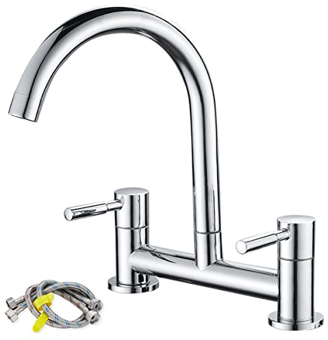Bridge Kitchen Sink Mixer Tap, 2 Hole Kitchen Bridge Mixer, Brass, Chrome | 180mm Centres Deck Mounted Faucet with G1/2 Hoses, UK Standard Fittings, Dual Lever, 1/4 Turn, 360° Swivel Spout