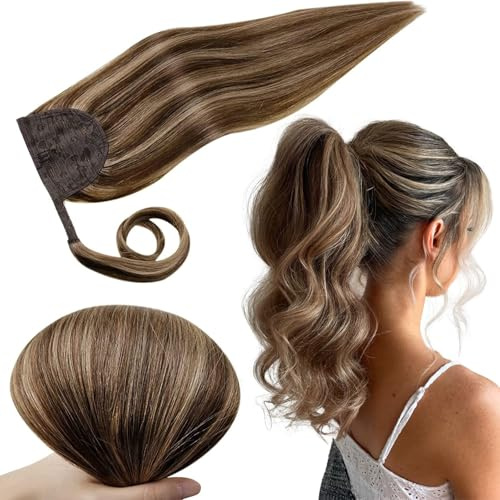 RUNATURE Pferdeschwanz Haarteil Echthaar Braun Highlight Blond 35cm