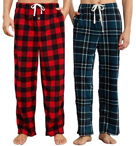 U2SKIIN Pyjamahose Herren lang kariert Schlafhose Schlafanzughosen für Herren Fleece Pyjama Hosen Nachtwäsche Freizeithose mit Taschen (Büffel Karo Rot+Marineblau Grün Kariert, L)