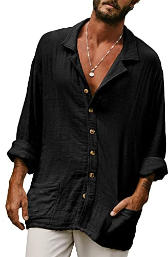 YAOHUOLE Leinen Hemd Herren Langarm Regular Fit Leinen Herren Hemd Leichtes Sommerhemd Schwarz 3XL
