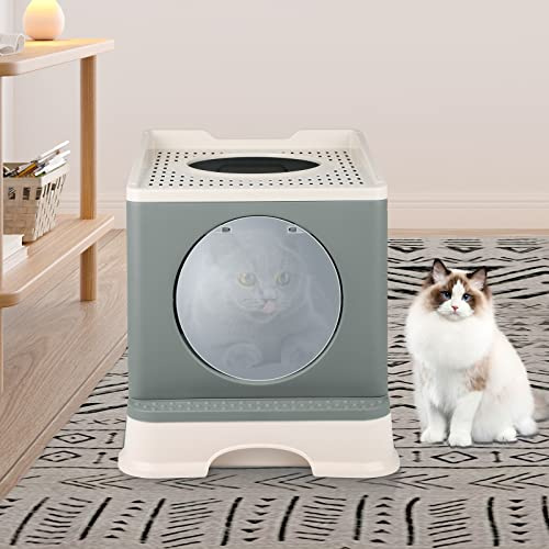 Bandeja de arena para gatos, gran casa de aseo para gatos plegable con tapa, bandeja de cajón y pala para caña, portátil, WC para gatos con tapa para grandes y pequeños (48 x 39 x 34 cm), color gris