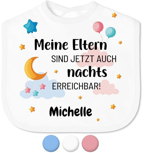 True Statements Baby Lätzchen „Eltern sind nachts erreichbar“ mit Namen personalisiert für Mädchen & Jungen - mit Klettverschluss – Spucktuch Latz Kinderlätzchen – Baby-Geschenke Taufgeschenke