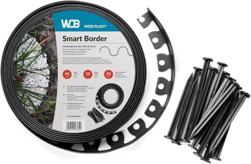 WDB Flexible Rasenkante Kunststoff - Beetumrandung - 20m Lang 4cm Hoch | Beetbegrenzung mit 40 Befestigungsnägel - Schwarz - RAL 9005