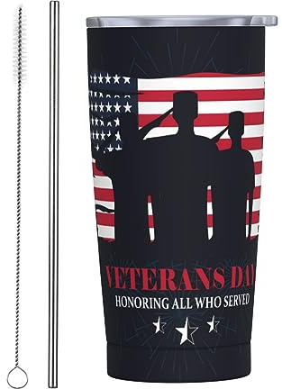 Melbrakin Bicchiere americano per il Memorial Day dei veterani con coperchio e cannuccia Bicchiere da caffè riutilizzabile per tazze da caffè riutilizzabile in acciaio inossidabile da 20 once