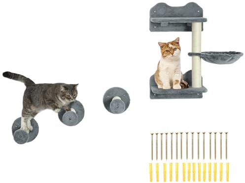 PawHut Kletterwand Katzen 4-teilig Set, bis zu 5 kg Beige+Grau | Katzen Kletterwand Set, mit Sprungturm, 3 Kratzbäume, Kratzbaum mit Hängematte, Wandkratzbaum, Wand Katzenmöbel Kletterpark