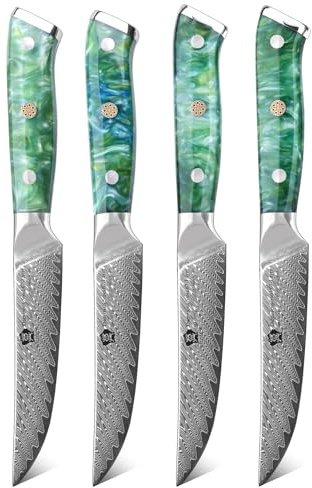 WILDMOK Steakmesser, 13cm nicht gezahnt, Steakmesser-Set mit 4 Stück, Steakmesser aus japanischem Damaststahl VG10, Premium-Steakmesser-Set mit Geschenkbox