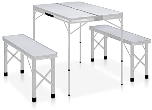 ARKEM Klappbarer Campingtisch mit 2 Sitzbänken Aluminium Weiß Gartentisch Wetterfest