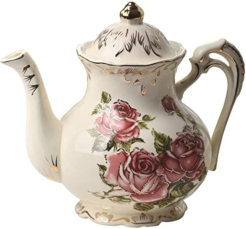 HUAMu Teekanne aus Keramik, Rosa Rosenmuster elfenbeinfarbenes Porzellan, 800ml, Vintage-Teekanne mit goldfarbenem Blätterrand