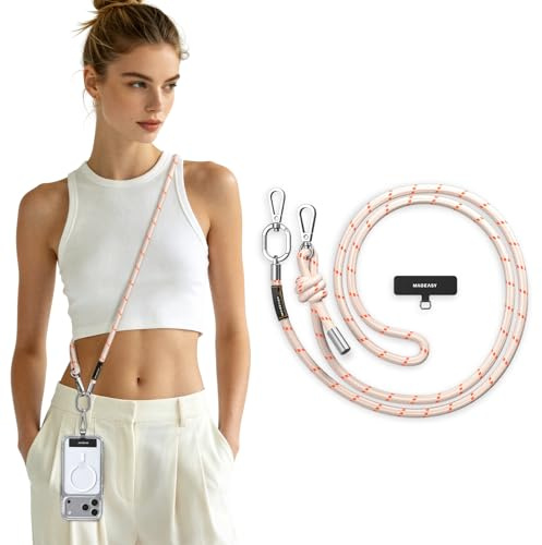 MAGEASY Crossbody Cell Phone Lanyard - Thick Rope Cell Phone Lanyard | 8.3mm Thick Universal Adjustable Phone Strap for iPhone, Samsung & More | For Traveling, Hiking, Daily Use - Beige/Orange