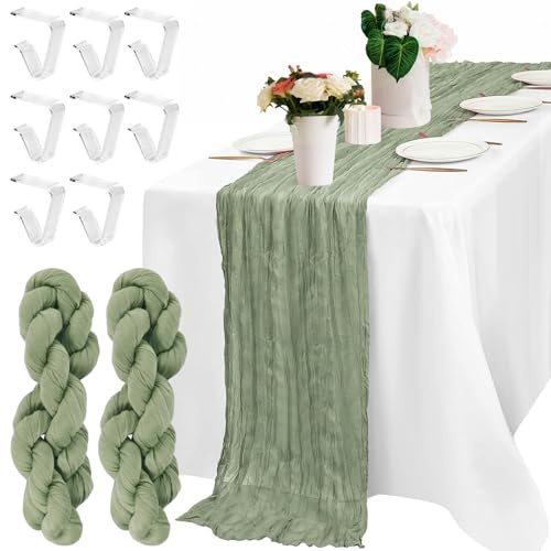 VINEST 2 Stück Tischläufer Grün 90 x 400cm, Tischläufer Salbeigrün Boho Style, Käsetuch Tischläufer Hochzeit mit 8 Tischdeckenklammern, Rustikaler Cheesecloth für Hochzeitsfeier Brautparty