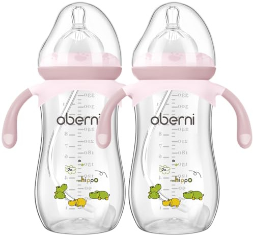 Oberni Babyflasche 330 ml, 11oz, beschwerter Strohhalm, Kleinkind-Milchflasche mit variablem Sauger (Größe +), ab 12 Monaten, Rosa/2 Stück