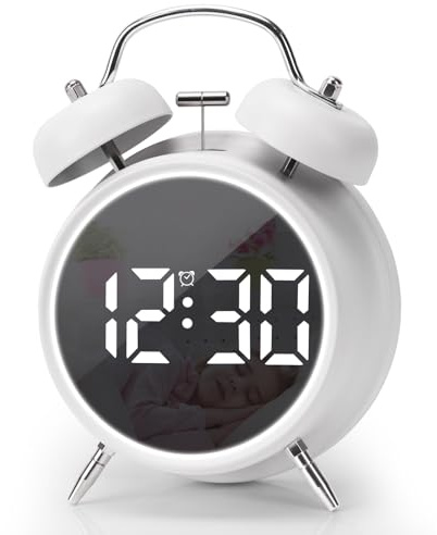 JUSTUP Digital Small Alarm Clock, 4.5 Inch Double Bell Electronic LED Alarm Clock, Plug in or Battery Operated Silent Metal Table Clock, Bedside Loud Bell Clock for Heavy Sleepers Adults Kids (White)