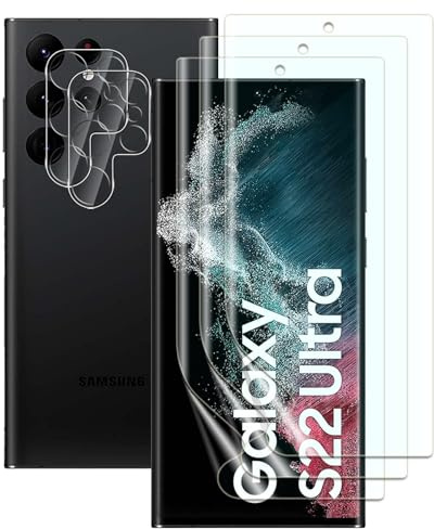 FWKDWHPH Protector de Pantalla Compatible con Samsung Galaxy S22 Ultra 5G,Soporte Huella Dactilar,Resistente a Arañazos,Libre de Burbujas,HD,3 Películas de TPU y 2 Cámaras de Vidrio Templado