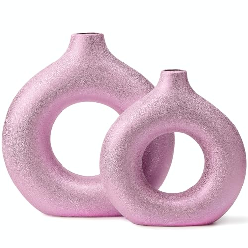 2er-Set Donut-Hohlkeramikvasen, handgefertigt, minimalistisch, Boho-In-Stil, moderne Vase für Heimdekoration, für Hochzeit, Esstisch, Party, Wohnzimmer, Büro, Schlafzimmer (Lila-Gold, extra groß +