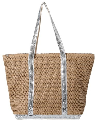CRGANGZY Women Straw Tote Large Capacity Sequins Crochet Beach Contrast Color Weaving Travel Bag Ladies Summer Daily Bag (Silver)