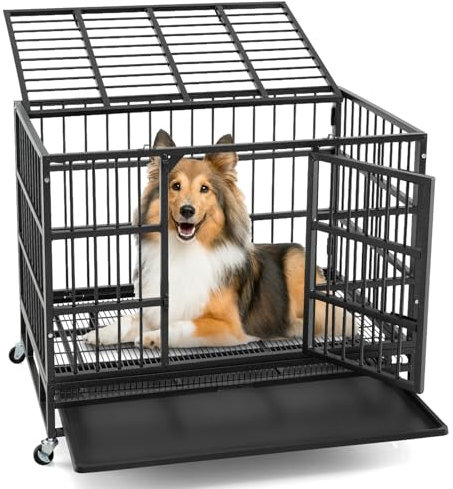 GYMAX Hundekäfig klappbar, Hundebox mit 2 Türen, Transportkäfig mit herausnehmbarer Bodenschale & Rädern, schwarz (96 x 65 x 77 cm)
