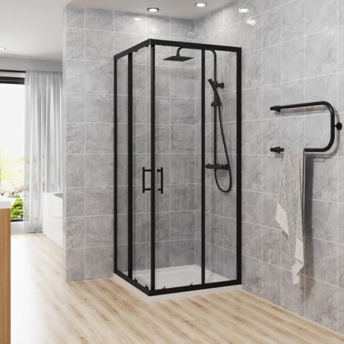 Blümme 700 x 700mm Square Shower Enclosures with Double Sliding Doors Matte Black Framed Bathroom Enclosure Cubicle