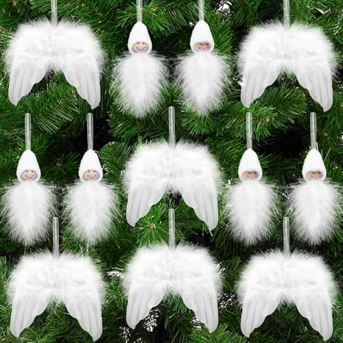 Naler White Feather Christmas Decorations 12Pcs - White Angel Wings Ornament - Hanging Angel - Xmas Tree Decorations