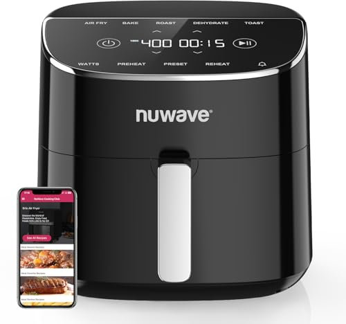 Nuwave Brio Plus Air Fryer 8 Qt, New & Improved, PFAS-FREE, 7 Digital One-Touch Cook Functions that AIR FRY, BAKE, ROAST, DEHYDRATE, TOAST, REHEAT, PREHEAT, 150 Presets, 50°F~400°F, 700/1500/1800W