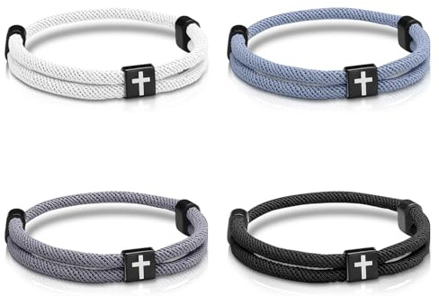 4 Piezas Pulseras de Cruz Trenzada Conjunto de Pulseras de Cuerda Ajustables con Cruz Brazalete de Playa de Hilo Ondulado Hecho a Mano Joyería de Moda Religiosa para la Suerte Regalos de Surf