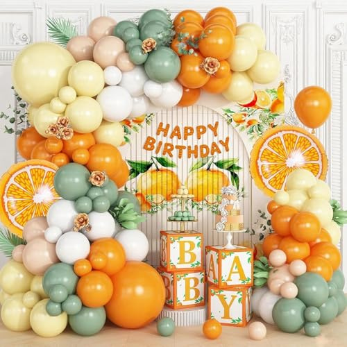 Orange-gelbe Ballon-Girlande, orangefarbener Folienballon mit gelb-grünen Luftballons für kleine süße Babyparty, Sommer, Geburtstag, Obst-Mottoparty-Dekorationen