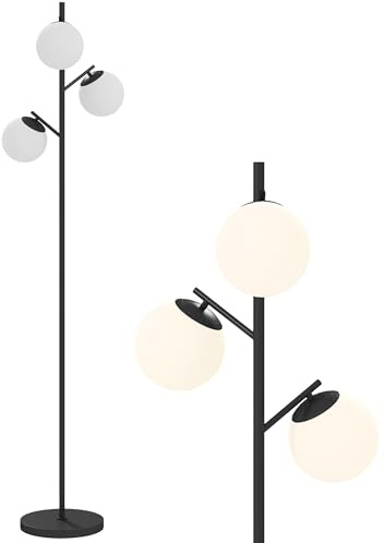 HOMCOM Lampadaire sur pied salon en métal noir avec 3 abat-jours globe blanc verre dépoli - 40W - Ø 27 x 169 cm noir