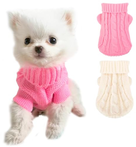 JAAQUCD 2 Stück XXS Hundekleidung Mädchen Rollkragen gestrickt Welpenpullover für kleine Hunde Herbst Winter Chihuahua Yorkie Teetasse Kleidung warme Kätzchen Katze Strickwaren (Rosa + Weiß, XS - 6)