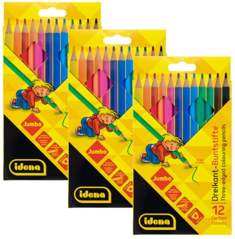Idena 90954 - Jumbo Buntstifte mit 5 mm Dicker Mine in 12 Farben, 3 Packungen holzfreie Farbstifte in ergonomischer Dreiecksform, verpackt im Kartonetui