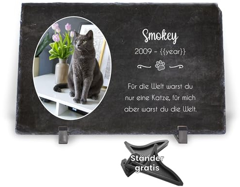 MOMENTU® Personalisierter Gedenkstein für Haustiere Welt Hund Katze [Schieferplatte 29x19cm + Ständer] Steinplatte mit Foto, Pfoten Trauerstein Fotoaufsteller Gedenkfoto Grabplatte