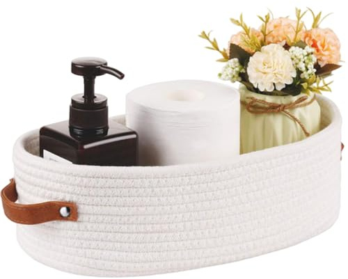JZLEJC Petit panier de rangement tissé 13x6x4 avec poignée, Organisateur de comptoir ovale corde en coton pour chambre salle bain pour salon, blanc