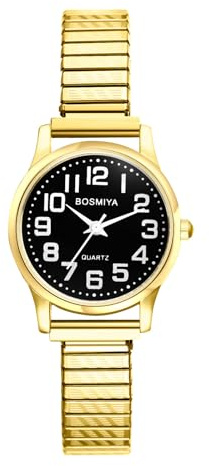 Lancardo Orologi da polso da donna e uomo, elastici per coppie, ben leggibili, grandi analogici al quarzo con numeri arabi, in acciaio inox, con cinturino elasticizzato, regali per donne e uomini, Oro