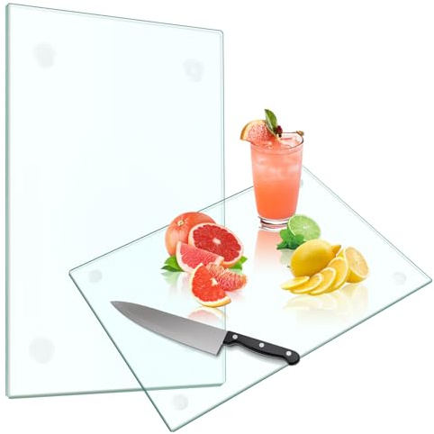 wayofcha Tempered Glass Cutting Board for Kitchen, Glass Chopping Board for Countertop, Clear Cutting Board with Rubber Feet, Shatter-Resistant, Heat Resistant, Easy to Clean (2PCS - 12x16 & 12x8)
