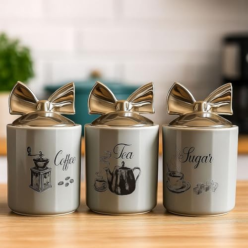 ONE BEST DEAL OBD Set of 3 Grey Ceramic Tea Coffee Sugar Canisters with Illustrated Logo Design, Chrome Bow Lids, Airtight Kitchen Storage Jars for Countertop Organisation, White Kitchen Accessories