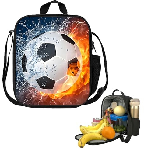XMSHYODSM Football Lunch Box Bag, 3D Football Insulated Lunch Bag, Insulated Lunchs Bag for Kids Boys Girls Reusable Cooler Warm Lunchs Box with Drink Bottle Holder for School Picnic Travel Hiking