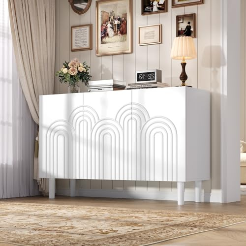 Aparador de 120 x 38,5 x 79 cm, armario de salón con 3 puertas, armarios con gran espacio de almacenamiento, cómoda para el dormitorio y el salón, armario divisor ajustable, blanco, MDF, con pie de