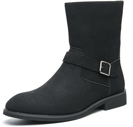 Générique Hommes Faux Daim Bottes Courtes avec Boucle Bout Rond Bottines Chelsea avec Boucle Talon Plate Botte Mi-Mollet,Noir,47 EU