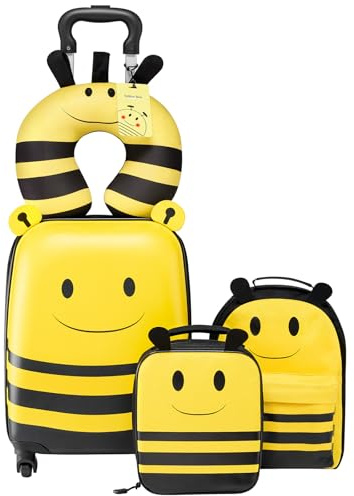 VEVOR Set di Valigie per Bambini da 5 Pezzi, Valigia Rigida con Ruote da 45,7 cm, Zaino e Cuscino a U, a Forma di Ape, Regalo di Compleanno per Bambini, Approvato dalle Compagnie Aeree