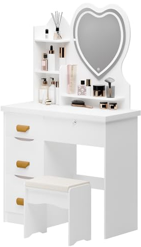 Aislerbee Vanity Tavolo con Specchietto Scorrevole, Camera Da Letto - Tavolo Cosmetico con 6 Cassetti, Ripiani Aperti e Spazio Nascosto (LED D)