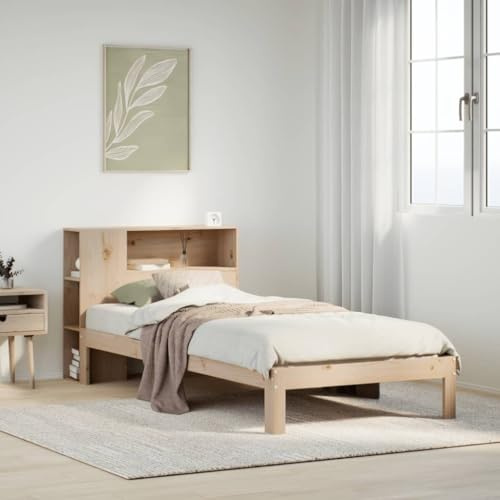Kaloriko Massivholzbett Kiefer 90x200 cm mit integriertem Regal, Robustes Bettgestell, Lattenrost, Stauraum Kopfteil, langlebiges Möbelstück für Schlafzimmer