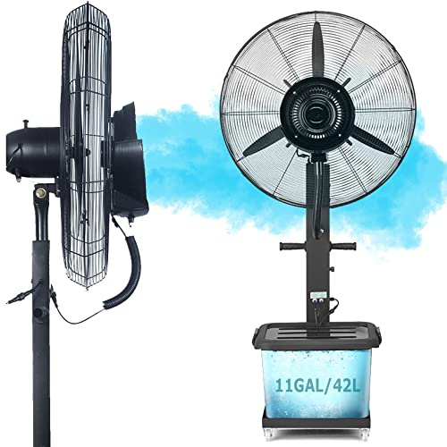 Ventilatore a piantana per esterni ad alta resistenza con nebulizzatore, 3 velocità, oscillazione a 90°, serbatoio da 11 galloni, nebulizzatore di raffreddamento industriale(71cm/28i