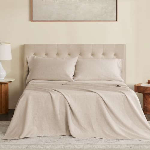 DAPU Pure Linen Sheets Set, 100% French Linen from Normandy, Breathable and Durable for Hot Sleepers, 4 Pcs Queen Size Sheets Set - 1 Flat Sheet, 1 Fitted Sheet, 2 Pillowcases (Natural Linen, Queen)