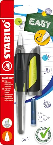 STABILO - Schulfüller mit Linkshänder-Feder L - EASYbuddy in schwarz/limette - blau (löschbar) - inkl. Patrone - Blister