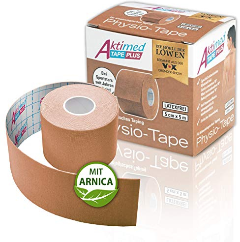 AKTIMED Tape PLUS Kinesiologie Tape – Sporttape mit pflanzlichem Extrakt Arnica D6* – patentiertes Physiotape Dermatest „sehr gut“ – Kinesiologie Tapes elastisch & wasserfest (beige)