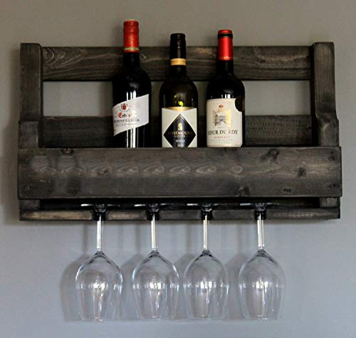 Dekorie Weinregal aus Holz für die Wand - mit Gläserhalter - Schwarz - fertig montiert - Regal für Weinflaschen und Weingläser